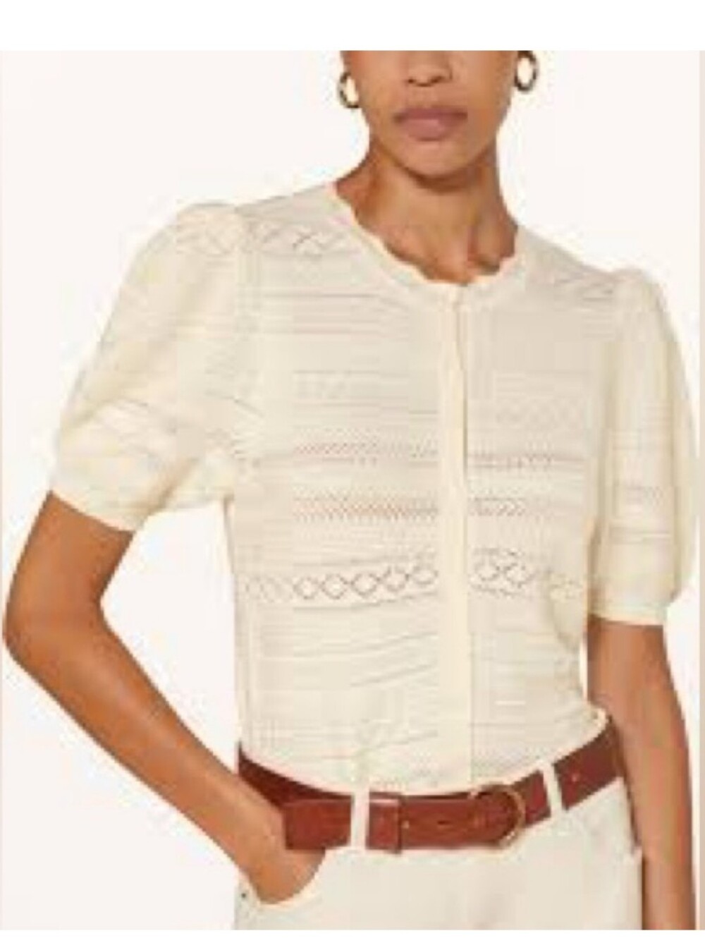 ba&sh Cream Crochet Knit Puff Sleeve Top
